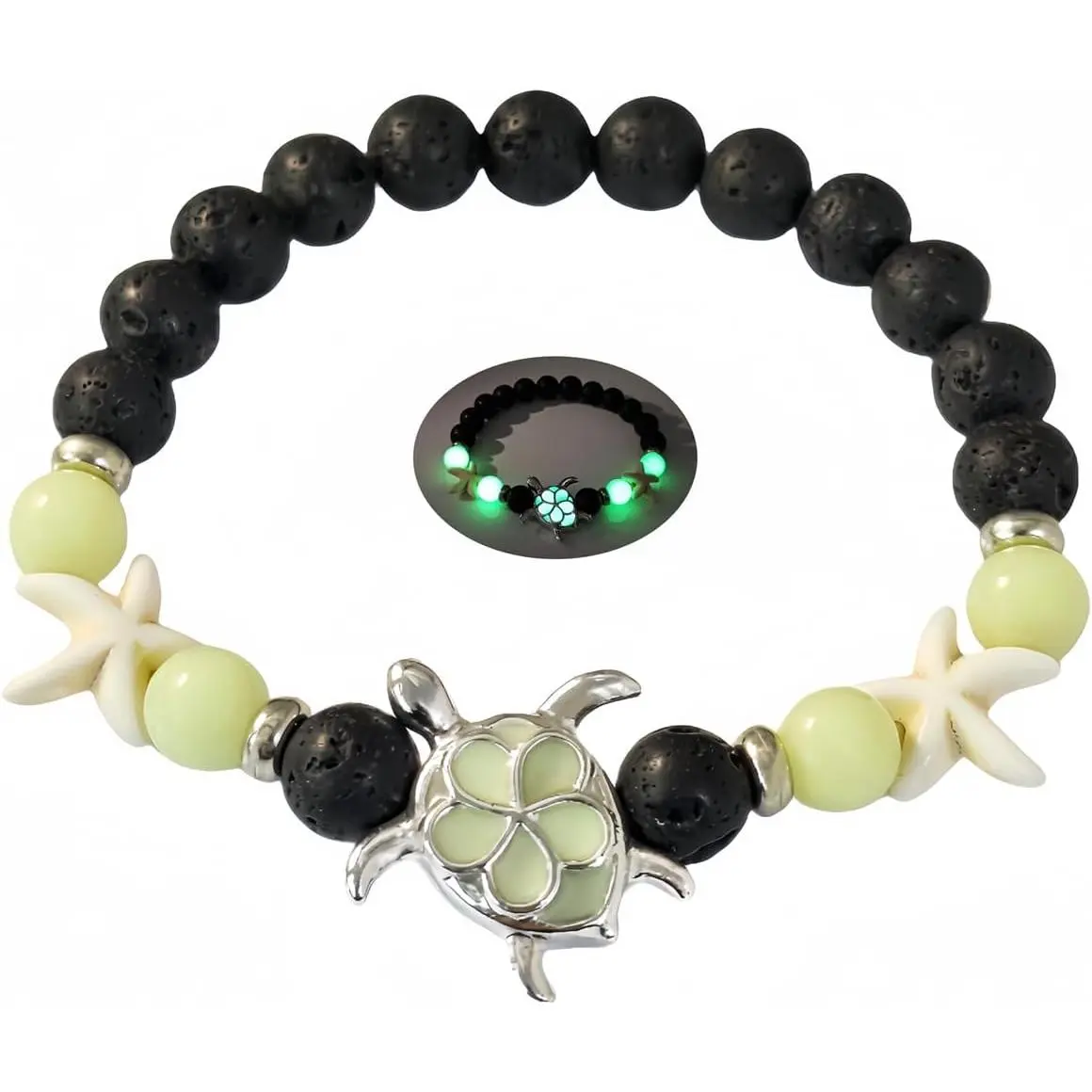 8mm  Volcanic Stone Bracelets for Women, Turtle Luminous Bracelets,Lava Stone Glow bracelet,Elastic Stretch Beads Protection Bracelet for Men
