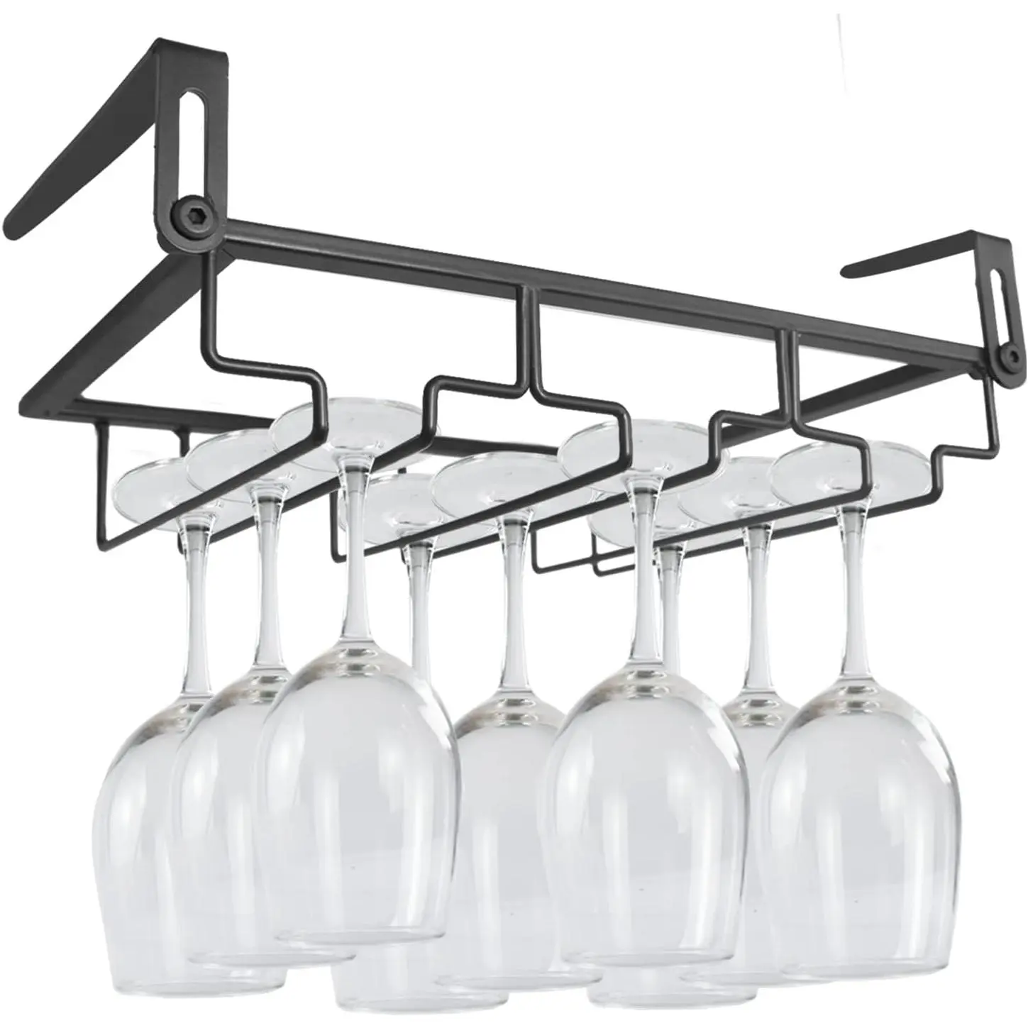 Metal Adjustable Under Cabinet Glassware Hold - Rustproof 3-Row Wine Glass Hanger Organizer for Kitchen, Bar - 6-8 Glass Capacity, Space-Saving Home Storage Rack, Easy Installation (Tool Included, Black, Gift-Worthy for Wooden Shelf Use)
