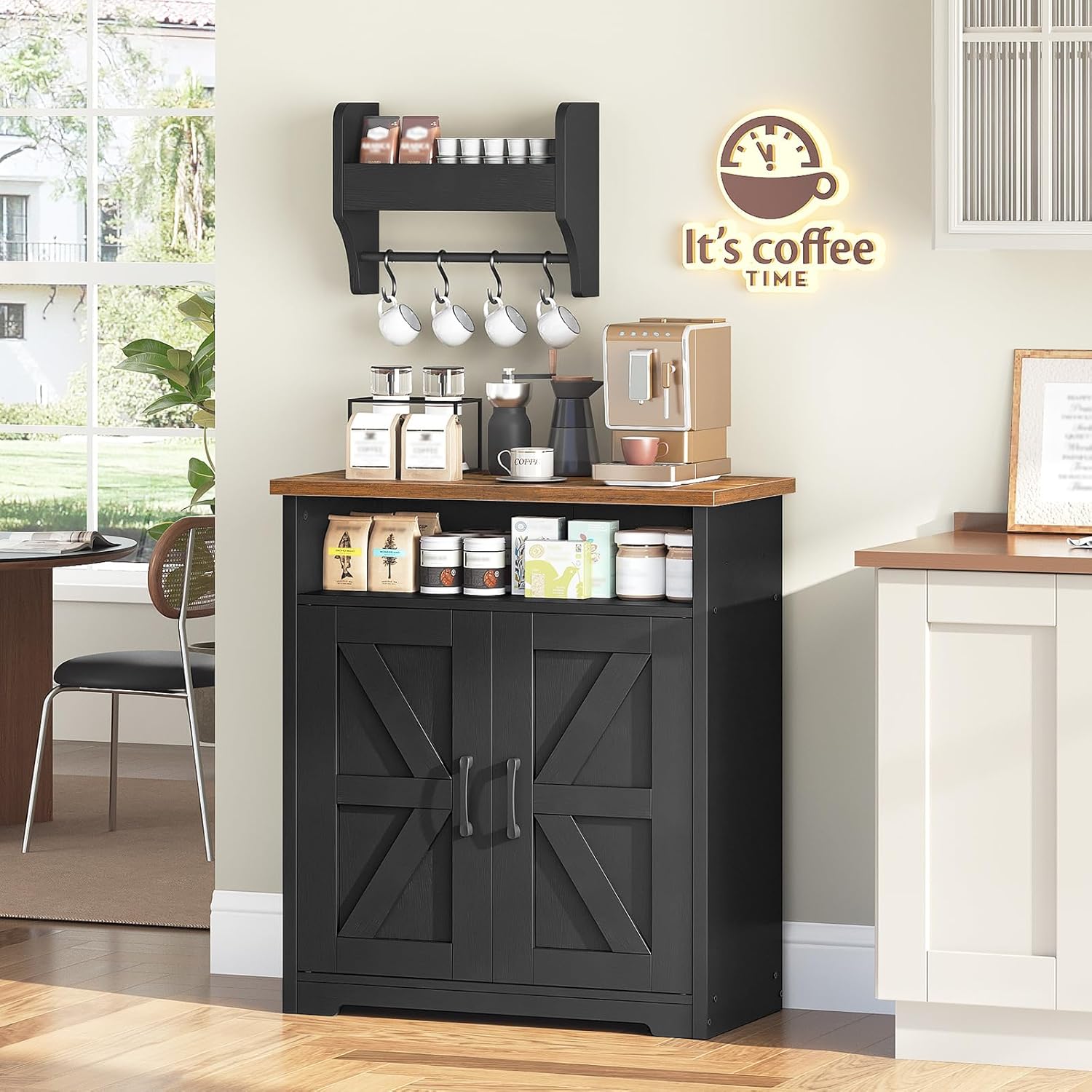 Coffee Bar Cabinet, Kitchen  with Storage, Farmhouse Sideboard Buffet Cabinet with Dual-Purpose Floating Shelf and Hooks, for Restaurant, Living Room, Rustic Brown KF22BR