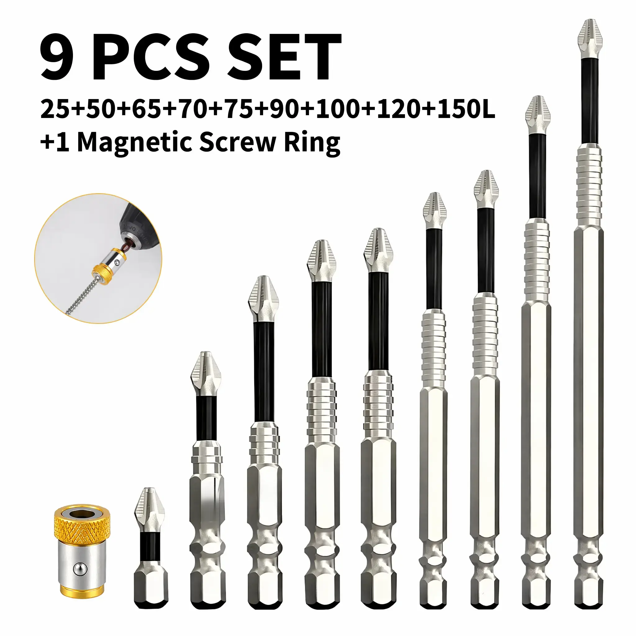 Anti Slip Drill Bit Set 9-Piece (25–150mm)  + Magnetic Screw Ring – Electric Drill for Home & Professional Repair, K5 Drillbit,  High  Magnetic Screwdriver Bit, PH2 Phillips Head bit, Magnetic Screw Ring, Non-Slip Electric Screwdriver Drill Bits