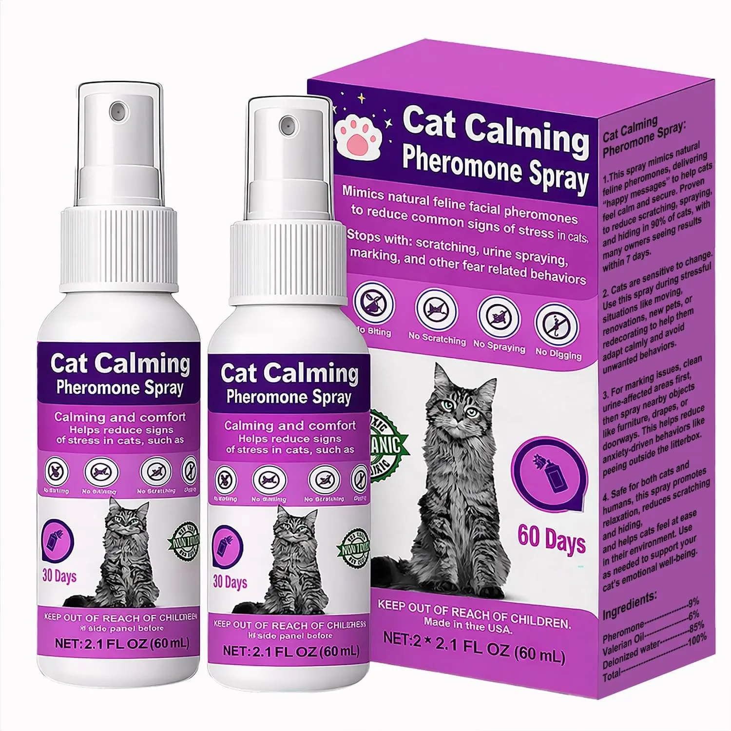 Cat Calming Spray with Pheromones Anxiety & Stress Relief for Cats Reduce Scratching Furniture Urine Marking & Aggression Calming Aid for Travel Vet Visits & Home 60-Day Supply (2 × 60 mL)