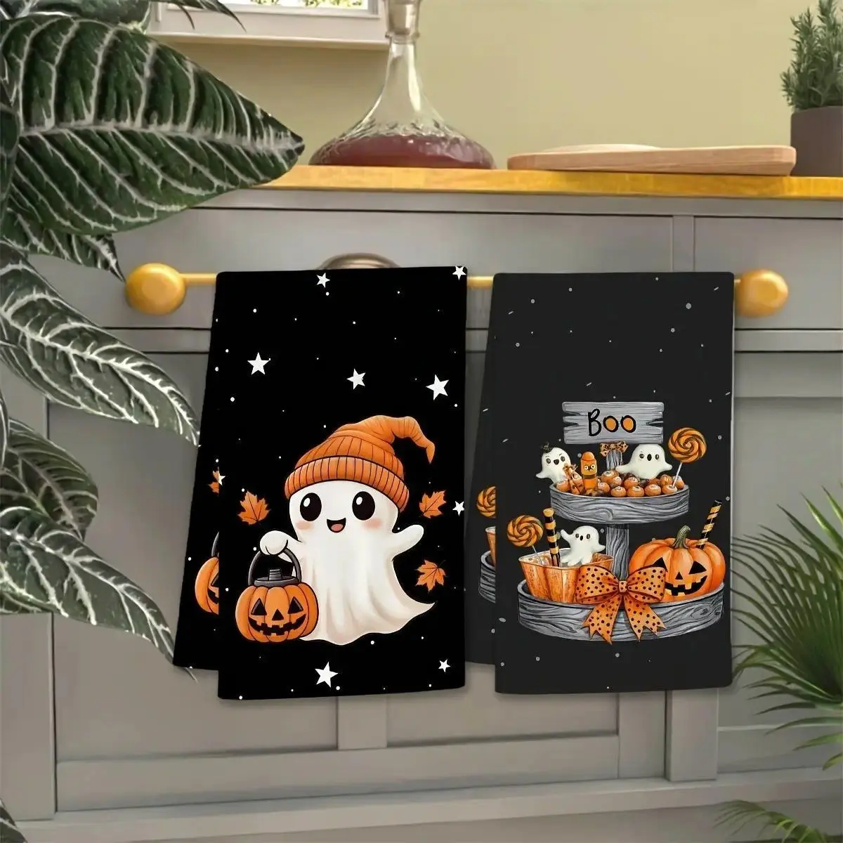 2-Piece Halloween Kitchen Towels Set, Soft Absorbent Fast Drying Polyester Microfiber Dishcloths with Cute Ghost & Pumpkin Patterns, Non-Scratch Decorative Tea Towels for Autumn Cooking Baking & Dish Drying