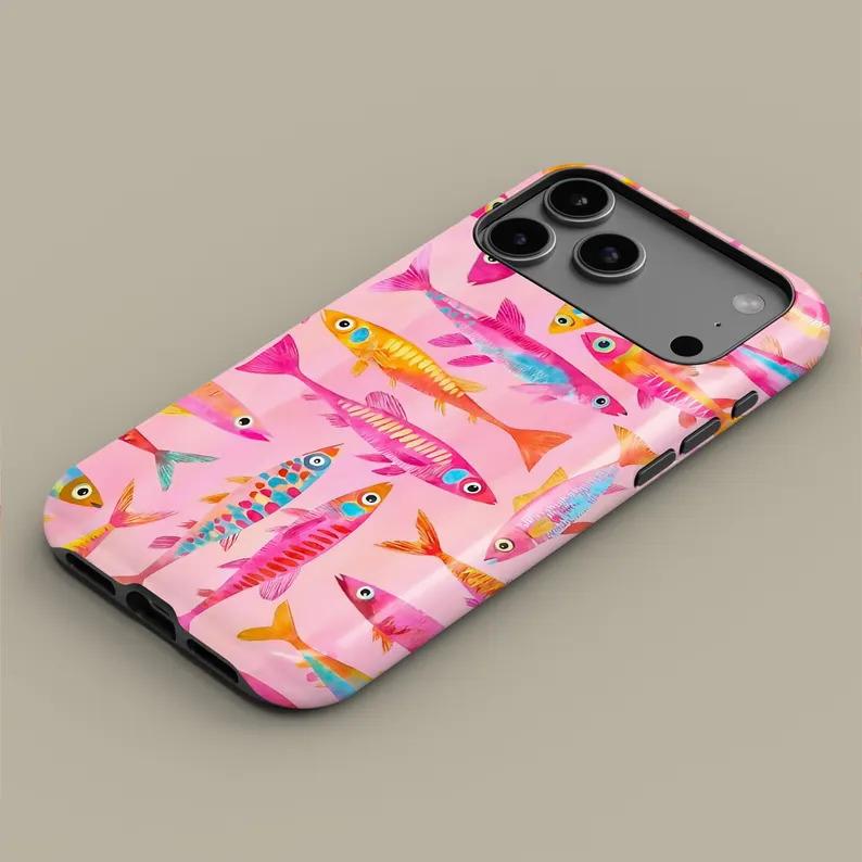 Glam Street TPU Shockproof Waterproof Phone Case - Preppy Cover/Shell with Pink Cartoon Fish, Vintage Skull, Flower Designs for iPhone 12-17 Pro Max, Samsung S23-S25 Ultra Full-Protection Accessory