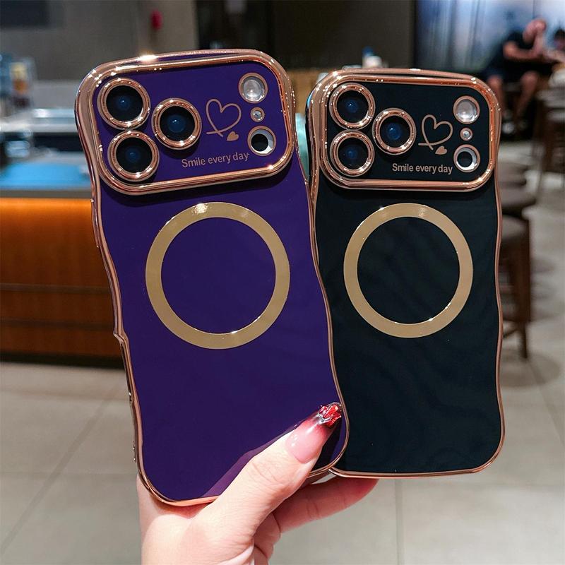 OREKROY Magnetic Case for iPhone 17 Pro Max 16/15/14/13/12 Pro Max,Work with Magsafe, Curly Wave Shape Plating Frame Cute Love Heart Cover, Full Camera Lens Protection Soft Durable TPU Shockproof Case