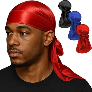 2/3PCS Silky Satin Durag For Men Women Long Tail Pirate Head Wrap Smooth Polyester Do Rag Wave Cap Hair Protection Turban Multiple Solid Colors