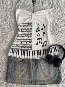 Summer Unique Design Strapless Top, Geometric Note Print Bowknot Style, Outerwear Innerwear Sleeveless Vest, Fashionable and Versatile, Bandeau Tube Tops