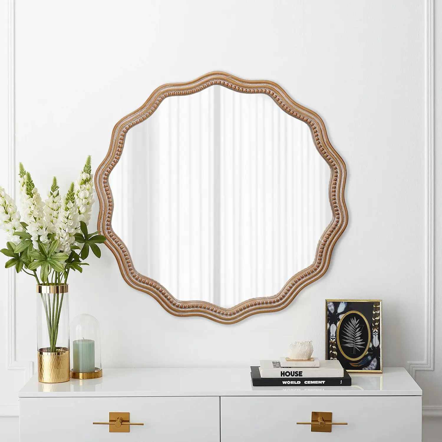 ARCH 23.62 Inch Round Wavy Scalloped Wood Wall Mirror, Antique Natural MDF Framed Hanging Circle Mirror, Modern Farmhouse Decorative Mirror for Bathroom, Living Room, Entryway, Nursery, Bedroom, Antique Natural Color Options, MDF+glass Material