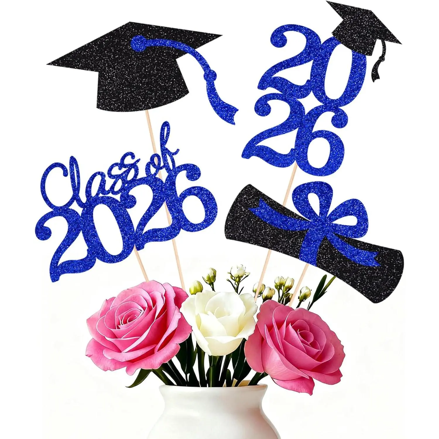 16 Pieces Wooden-Cardstock Graduation Cake Toppers Set - Blue Gold Number Print Class of 2026 Centerpiece Picks with Sturdy Easy-Attach Sticks, Home & Festive Party Decorating Supplies