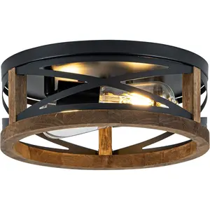 Farmhouse Ceiling Light, 2-Light Round Flush Mount Ceiling Light with Wood and Metal Frame, Black Rustic Light Fixture for Hallway, Entryway, Bedroom, Kitchen