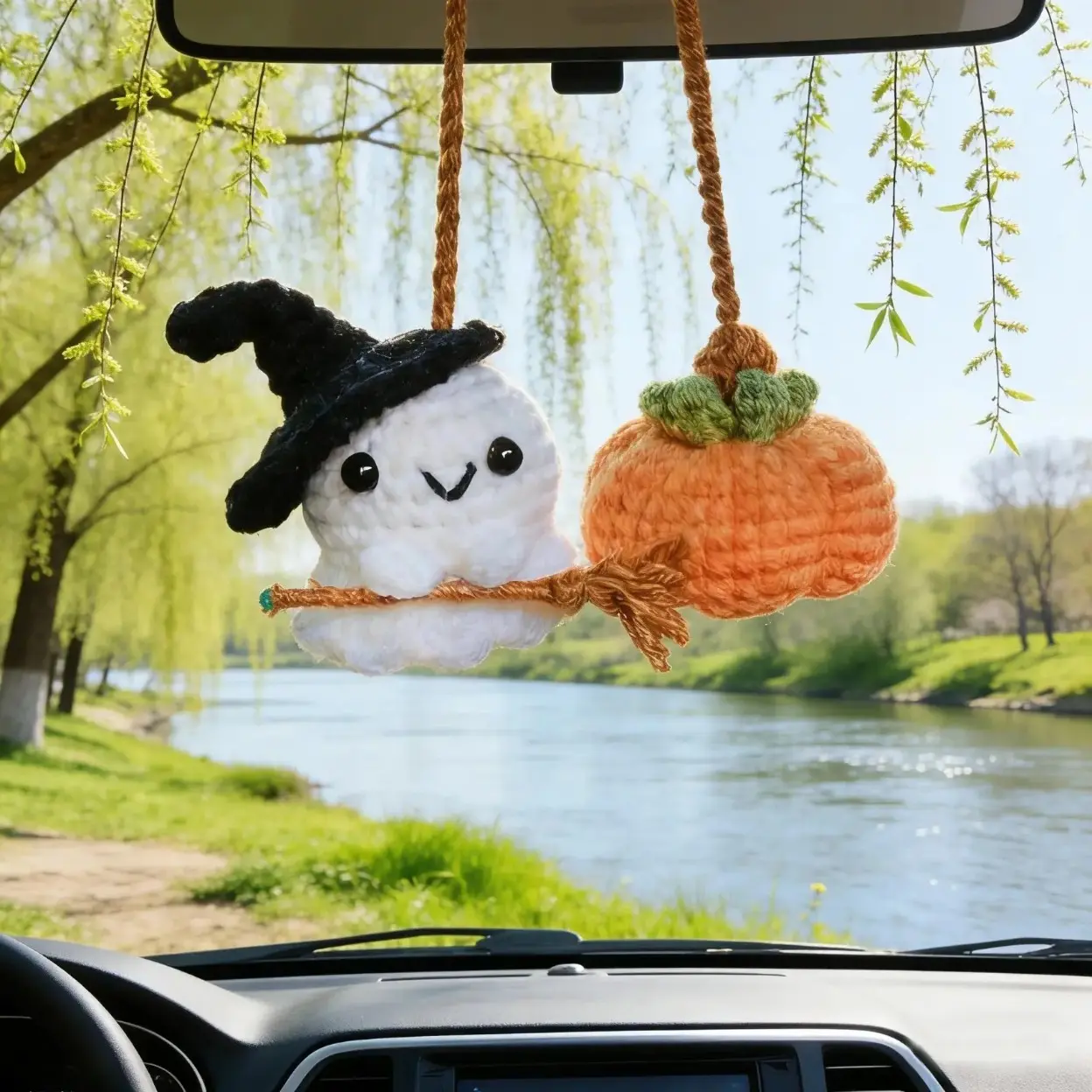 Handmade Crochet Ghost & Pumpkin Amigurumi Car Charm, Cute Knitted Rearview Mirror Hanging Ornament, Playful Unisex Vehicle Interior Decor Trinket, Fun Halloween Car Accessory For All Drivers