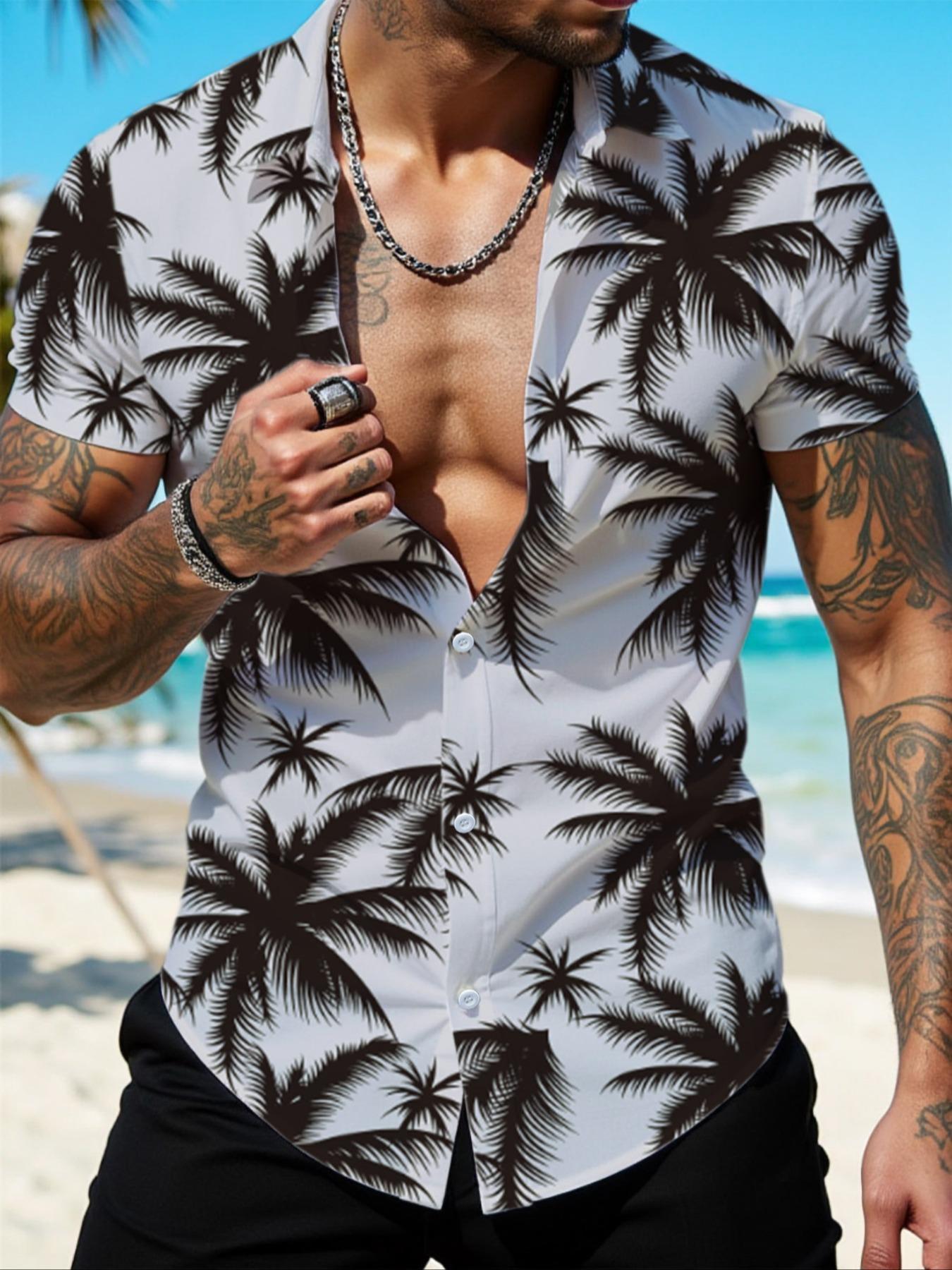 Men's All Over Tropical Palm Tree Print Button Front Shirt, Regular Fit Casual Printed Short Sleeve Collared Top for Summer, Men's Clothes for Beach Vacation