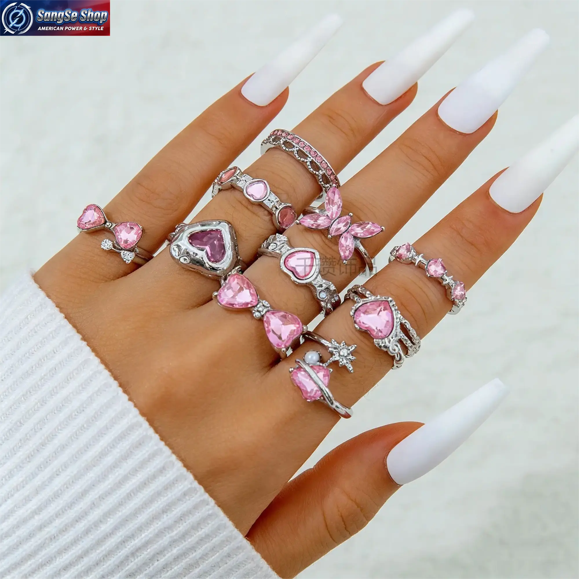 Pink Crystal Rings Set, Silver Butterfly & Heart Stackable Rings, Coquette Aesthetic Y2K Jewelry for Women & Girls, Trendy Adjustable Fashion Rings for School, Dorm, Party, Birthday Gift, Daily Wear & Cute Accessories