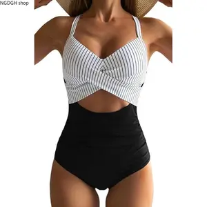 Cut Out One Piece Swimsuit - Trendy Crisscross Halter Monokini with Waist Hollow Design, Sexy Tummy Control Bathing Suit, Flattering Summer Beachwear for Vacation and Pool Party