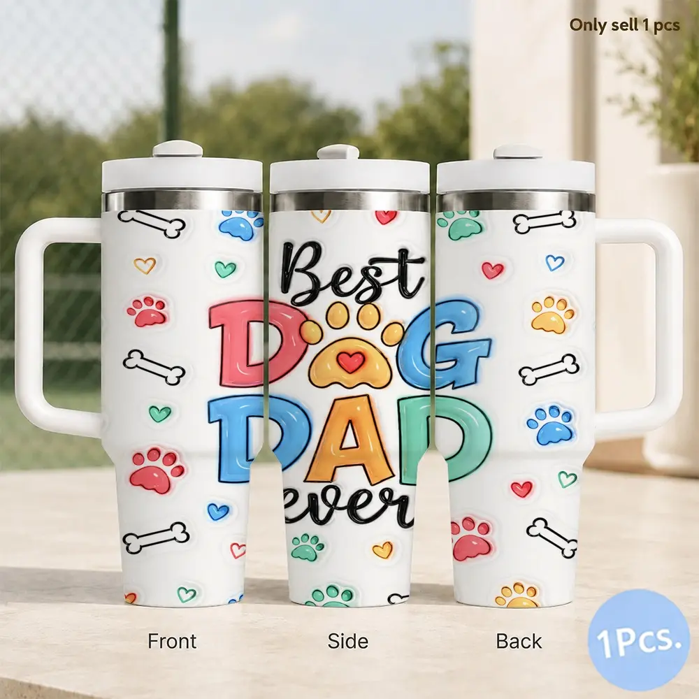 Best Dog Dad Ever 3D Inflated Vacuum Flasks 40oz Insulated Tumbler with Handle and Straw, Stainless Steel Large Capacity Water Cup with Lid, Car Cup Holder Friendly, Reusable Tumbler Gift for Women and Friends