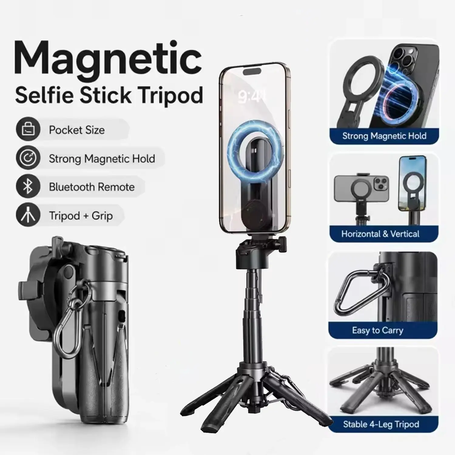 Four-In-One Magnetic Selfie Stick, 360 Rotatable, Wireless Bluetooth-compatible Control, Compact Fashionable Design, Compatible with Most Phones