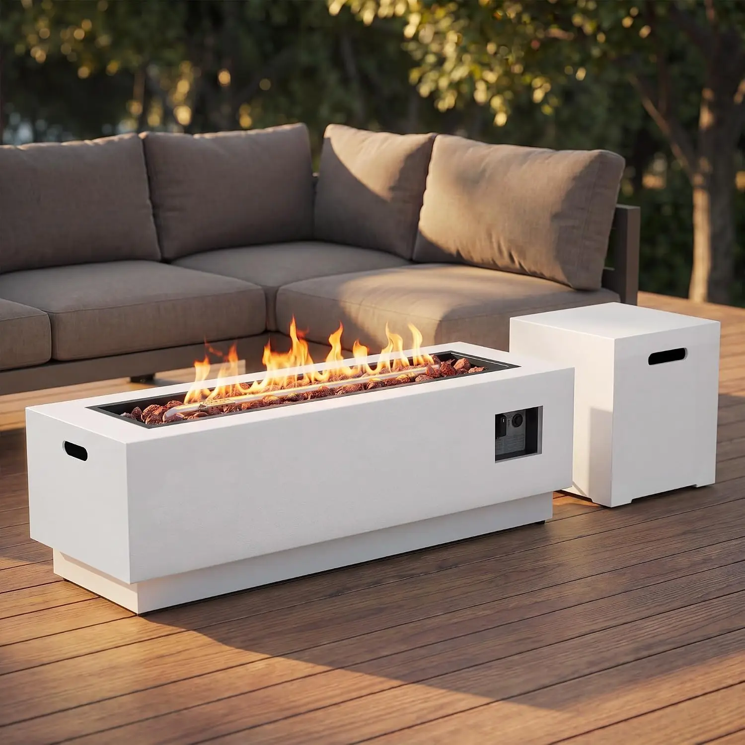 48 Inch Outdoor Fire Pit Fire Table, Propane Fire Pit Table 50,000 BTU with Hidden Tank Box, Removable Lid, Lava Rocks & 304 Stainless Steel Burner, Rectangular Gas Fire Pit for Outside Patio