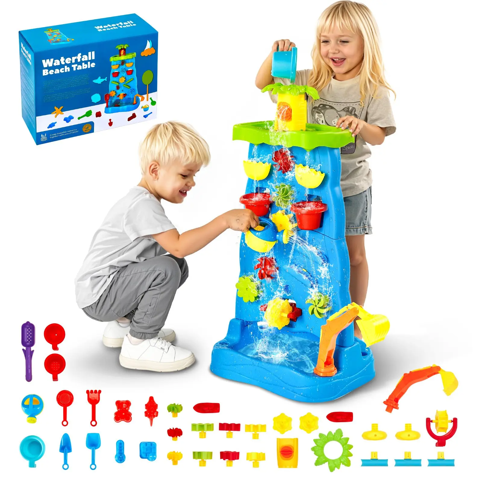 【DealsForYouDays】VEVOR Sand and Water Table for Toddlers, Double-Sided Kids Activity Waterfall Playset with 37PCS Accessories, Kids Activity Sensory Table, Outdoor Summer Sand Water Play Table for 3+ Years Boys Girls