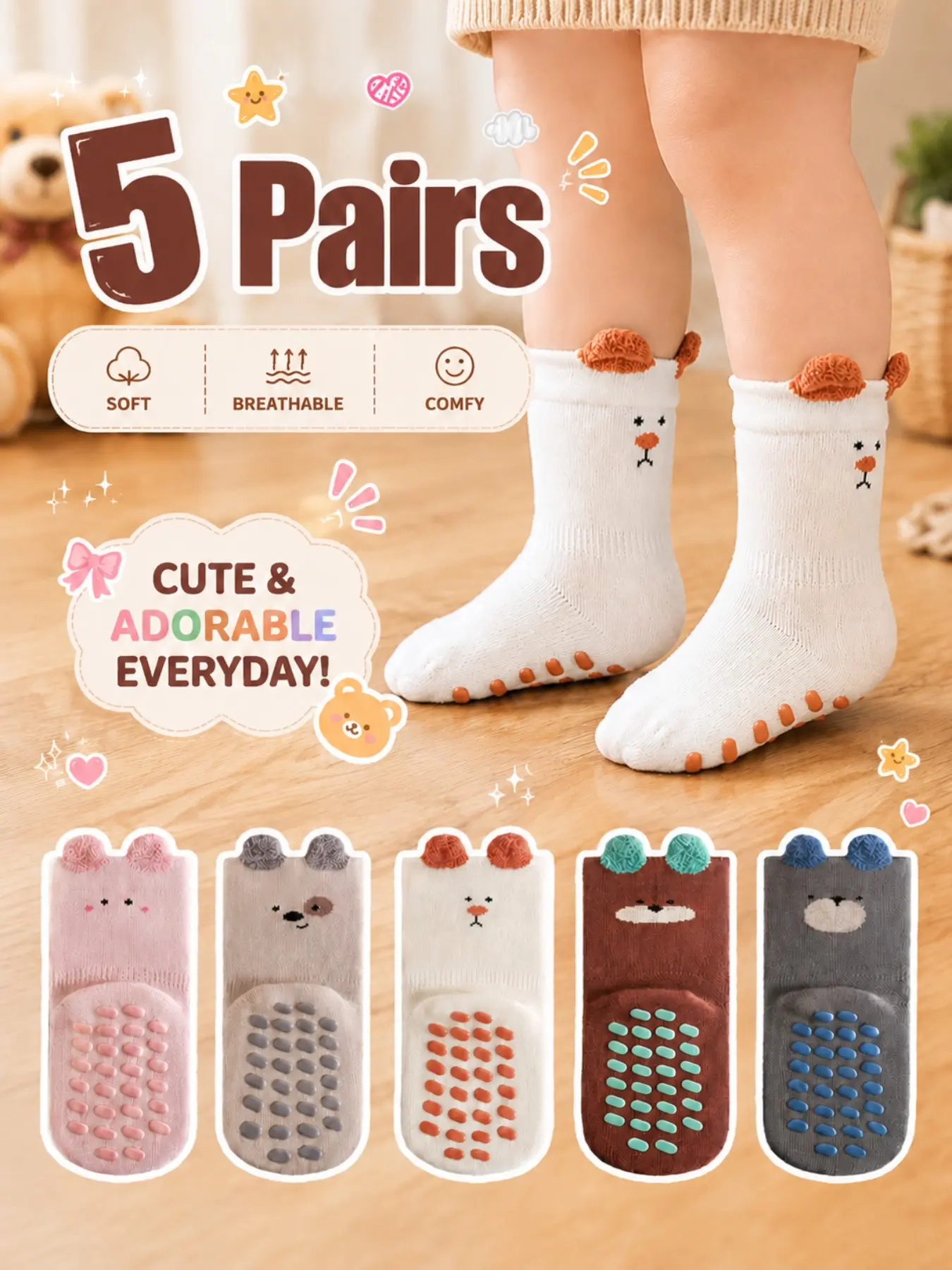 5 Pairs Kids Socks, Baby Walker Socks for Boys and Girls, Non-Slip Indoor Floor Socks, Cartoon Pattern, Child Safety Footwear
