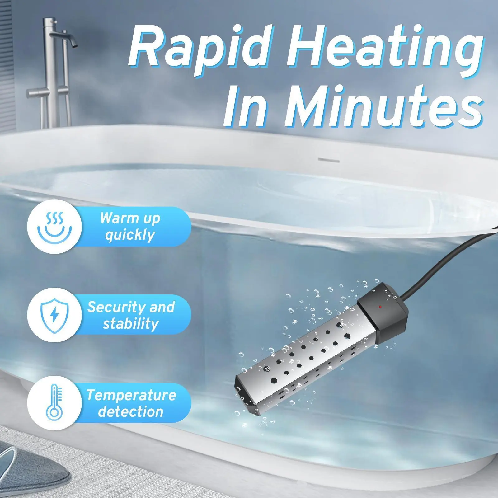 2000W Rapid Heating Square Immersion Water Heater for Inflatable Pool Bathtub,Bucket Heater with 304 SS Guard, Submersible Water Heater with LCD Thermometer,Heat 5 Gallon Water in Minutes