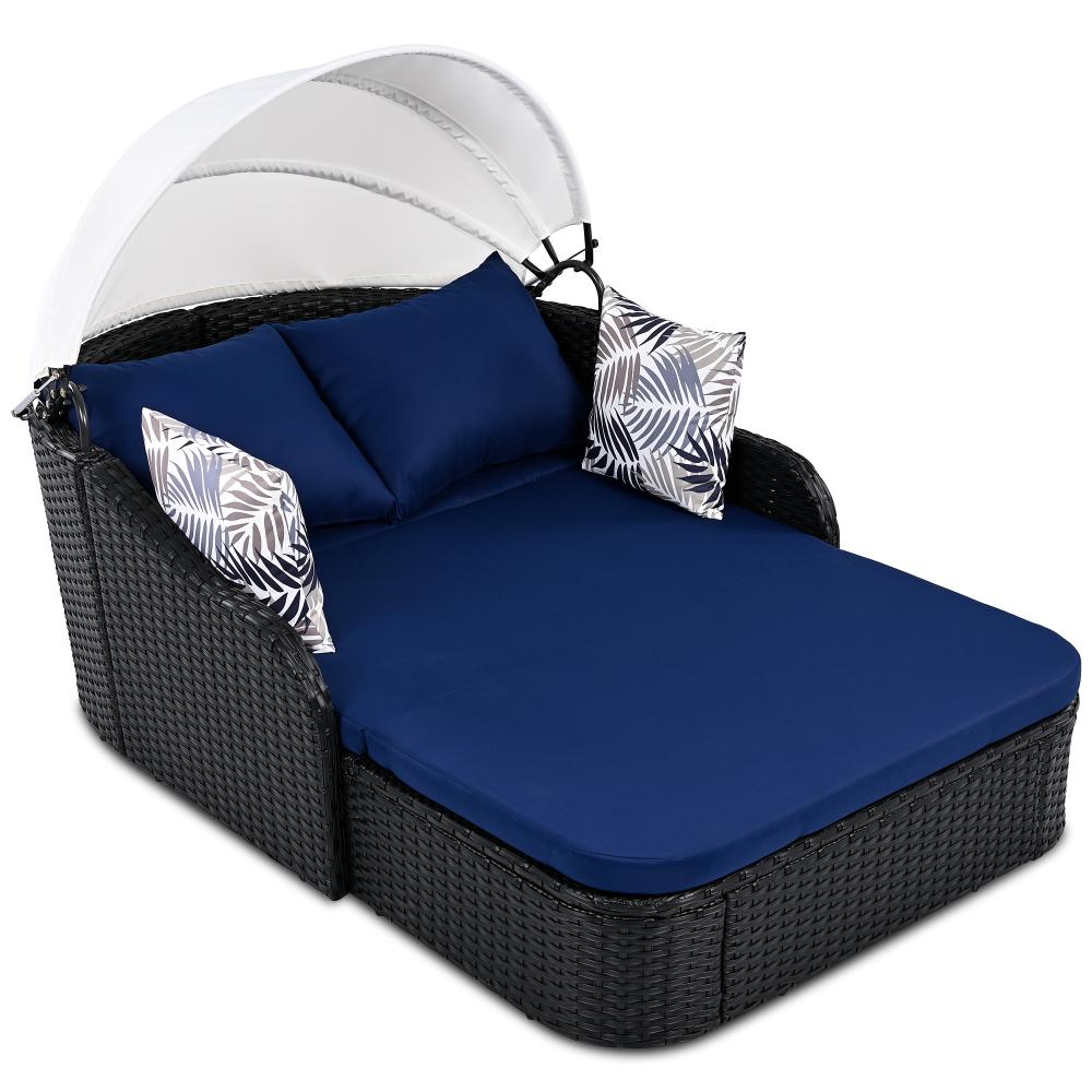 79.9" Outdoor Sunbed with Adjustable Canopy, Double lounge, PE Rattan Daybed, Black Wicker and Blue Cushion