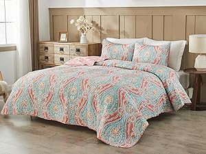 Vibrant Boho King Size Reversible Bohemian Striped Bedspread Comforter Microfiber Coverlet Bedding Set with Pillow Shams