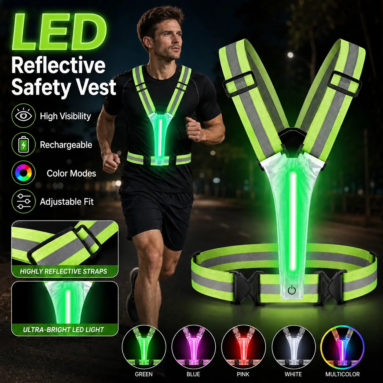 LED Reflective Running Vest, Rechargeable Color Light Up Safety Harness with High Visibility Reflective Straps, Adjustable Unisex Gear for Night Walking, Running, Cycling, Jogging, Outdoor Road Work, Dog Walking and Hiking