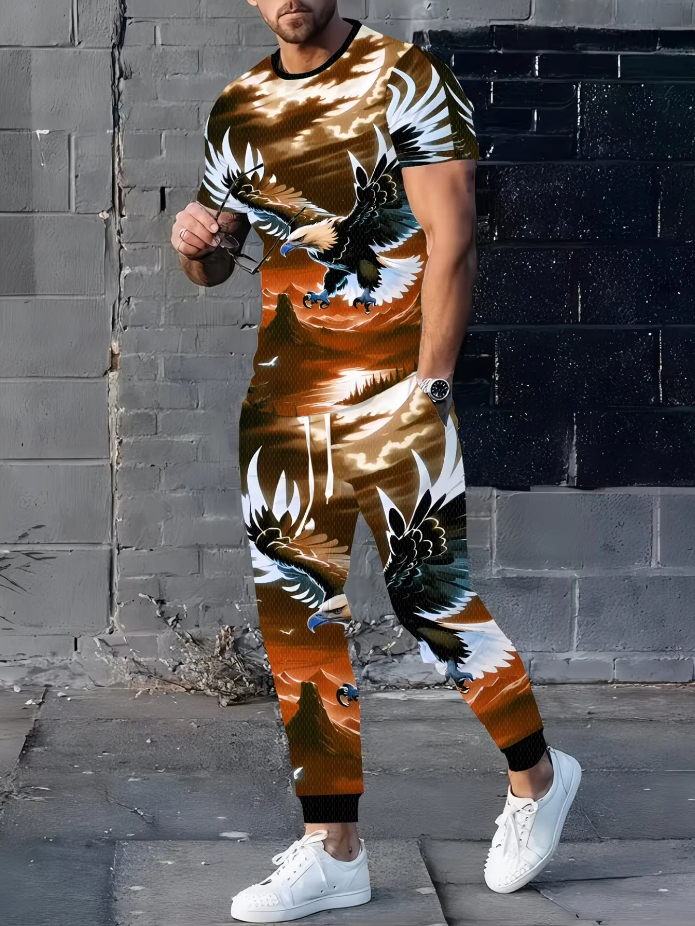 Men's Short Sleeve Long Pants Set, Casual Round Neck, Stretchy Knit Digital Print, Striped T-Shirt and Pants Two-Piece Set Outfit