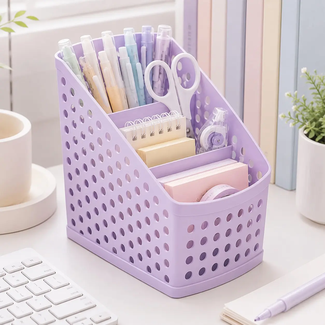 1pc 3-Compartment Angled Pen Holder, Pastel Desk Organizer, Stationery Organizer, Pink/Purple,Suitable for the school season