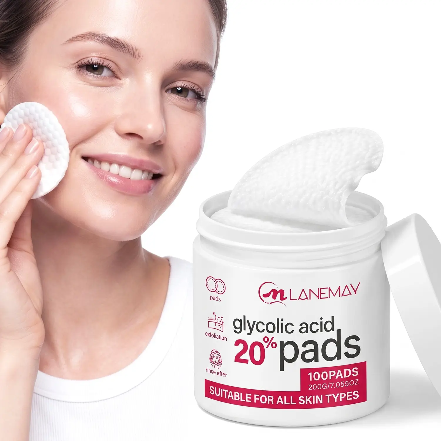 LANEMAY 20% Glycolic Acid Toner Facial Cotton Pads 100 pads/200g | Soothing with green tea polyphenols + gentle exfoliation with glycolic acid | Refines pores + brightens skin tone | Suitable for face and neck | Suitable for all genders