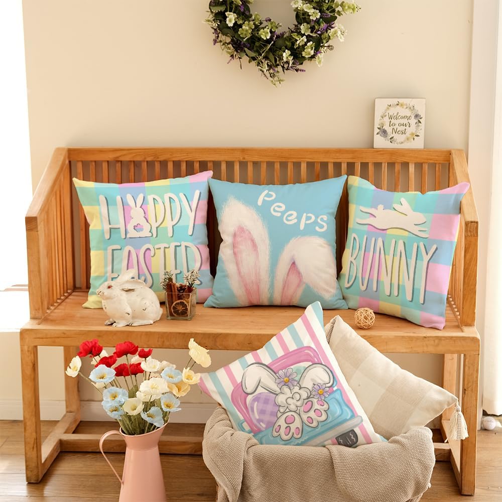 Easter Themed Cushion Cover, 4 Counts/set Cute Rabbit Egg Pattern Throw Pillow Cover, Household Decoration Supplies for Home Living Room Sofa