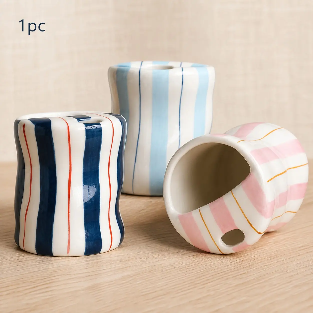 Modern Wavy Stripe Ceramic Reusable Coffee Mug, 10 Oz / 300 Ml, Hand-Painted Style, Ideal for Coffee, Tea, Milk, Home Office Use