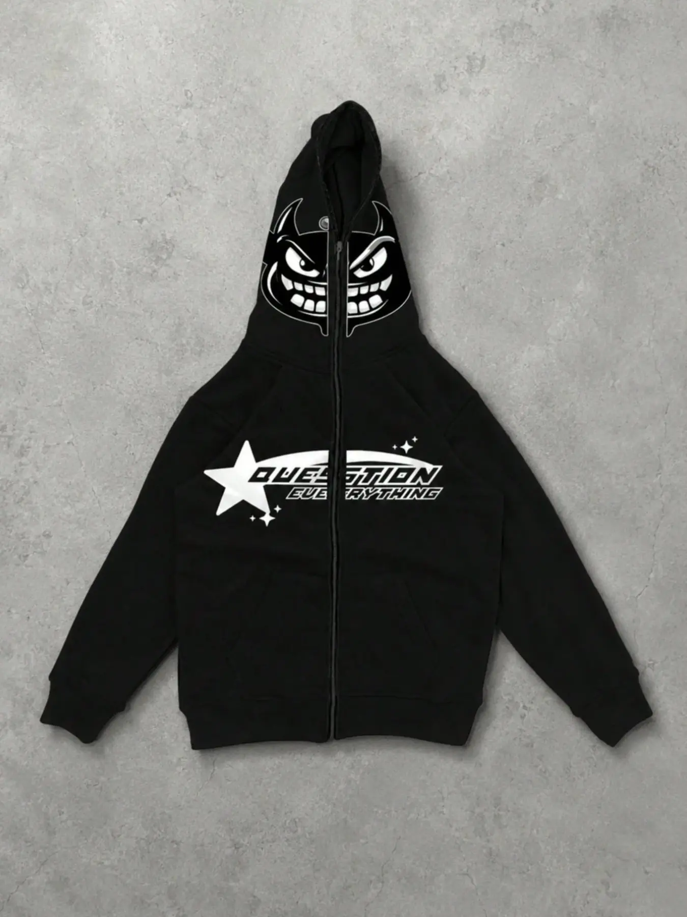 Full Zip Up Devil Mask Hoodie Unisex Y2K Streetwear Aesthetic Graphic Star Print Sweatshirt Loose Cyberpunk Goth Street Casual Daily Wear Outerwear Jacket