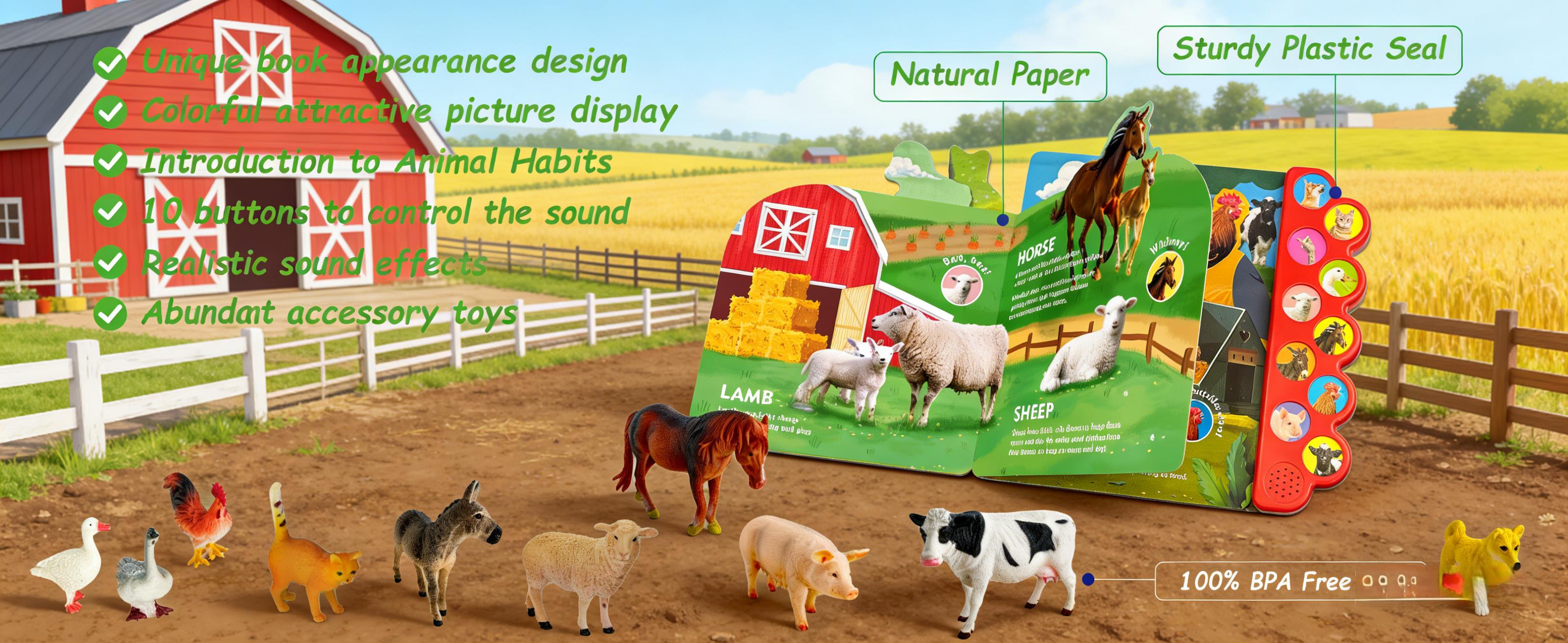 Plastic simulated animals,Farm Animals Figures Toys with Sound Books,10PCS Farm Animals for Toddlers & Animal Sound Books with 10 Buttons,  Farm Toys for Toddlers 2-6, Animal Lover Gifts for Kids