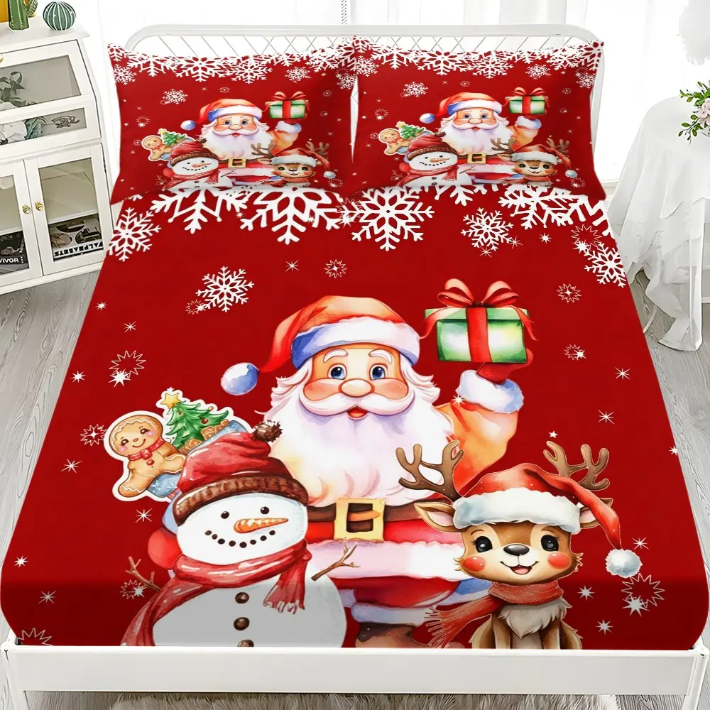 Christmas-Themed 3-Piece Bed Sheet Set, Includes Bed Skirt and Two Pillowcases, Cartoon Santa, Snowman, Reindeer, Gingerbread Man, Snowflake Patterns