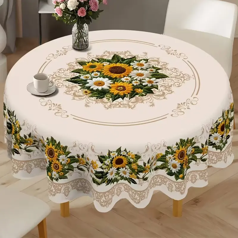 Vintage European Country Sunflower and Daisy Tablecloth, Round Dining Table Cover, Easy Clean, Kitchen, Restaurant, Patio, Picnic Decor