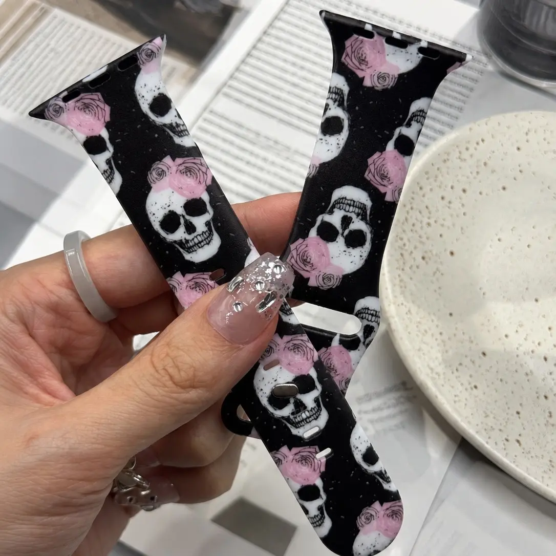 Dark Night Skull Design Silicone Band for Apple Watch, Horror Ghost Pattern, Compatible with 38mm-49mm, Durable Sport Strap, Watch Straps