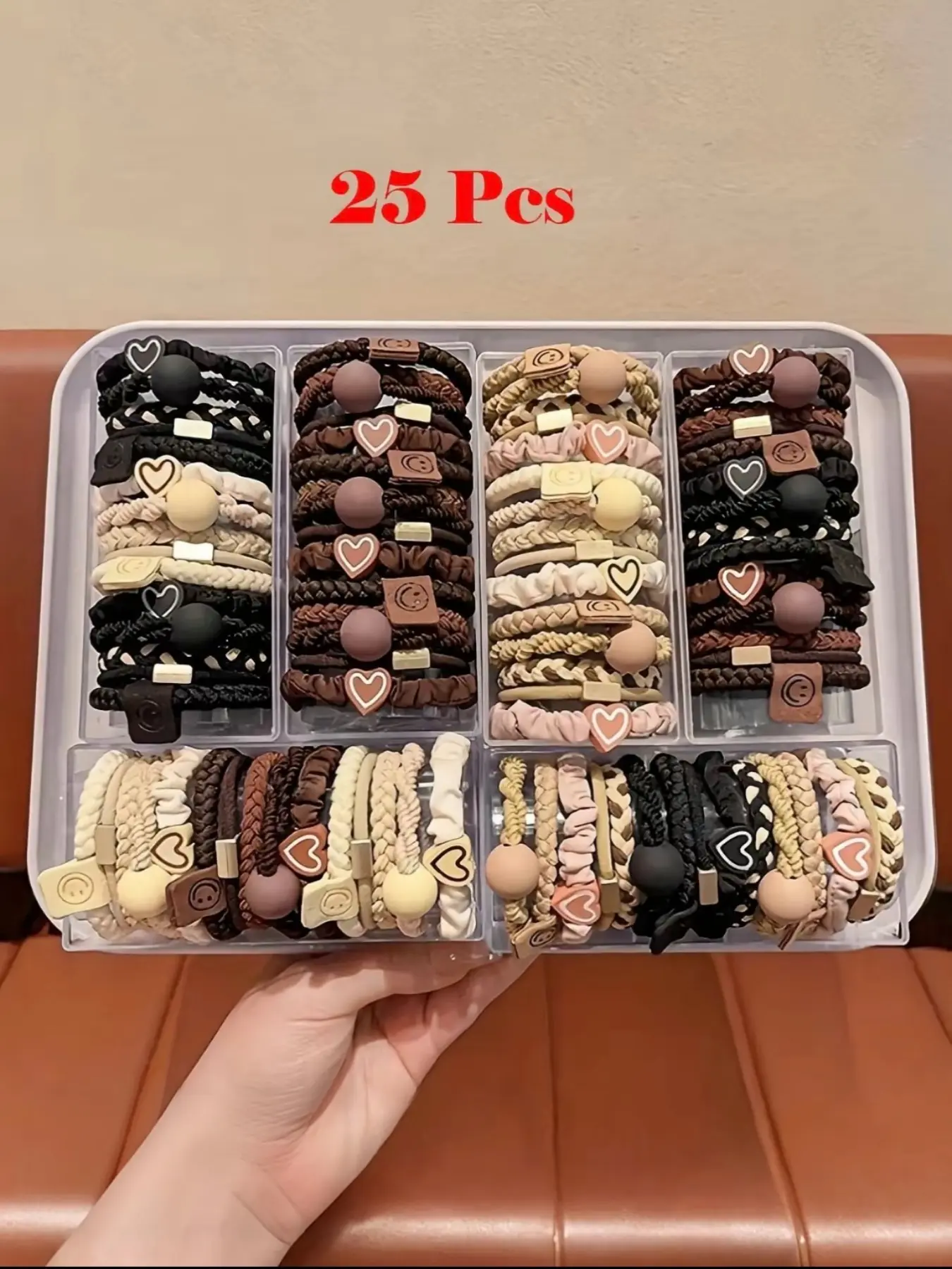 25-Piece Bohemian Women's Hair Ties Set, Cute Bracelet Style, Scrunched, Heart Charm & Beads, Elastic Hair Bands for Ponytails & Sports, Bulk Hair Accessories