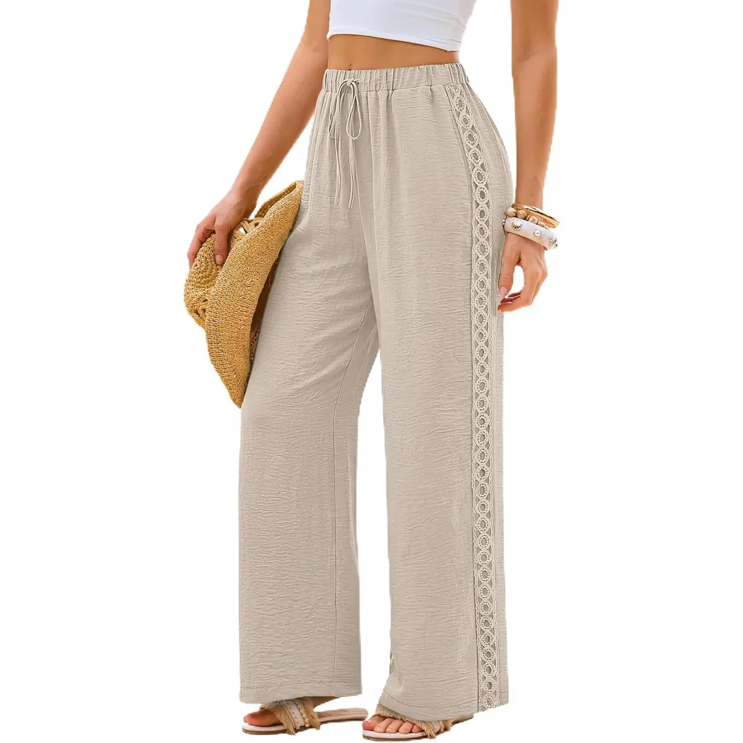 Women's High Waist Boho Pants, Casual Drawstring Palazzo Trousers with Side Lace Trim, Lightweight Flowy Wide Leg for Summer Beach, Bottoms, Crop, Fabric, Oversized Straight Leg Pants, Check, Pockets, Loose Fit Wide Leg Pants