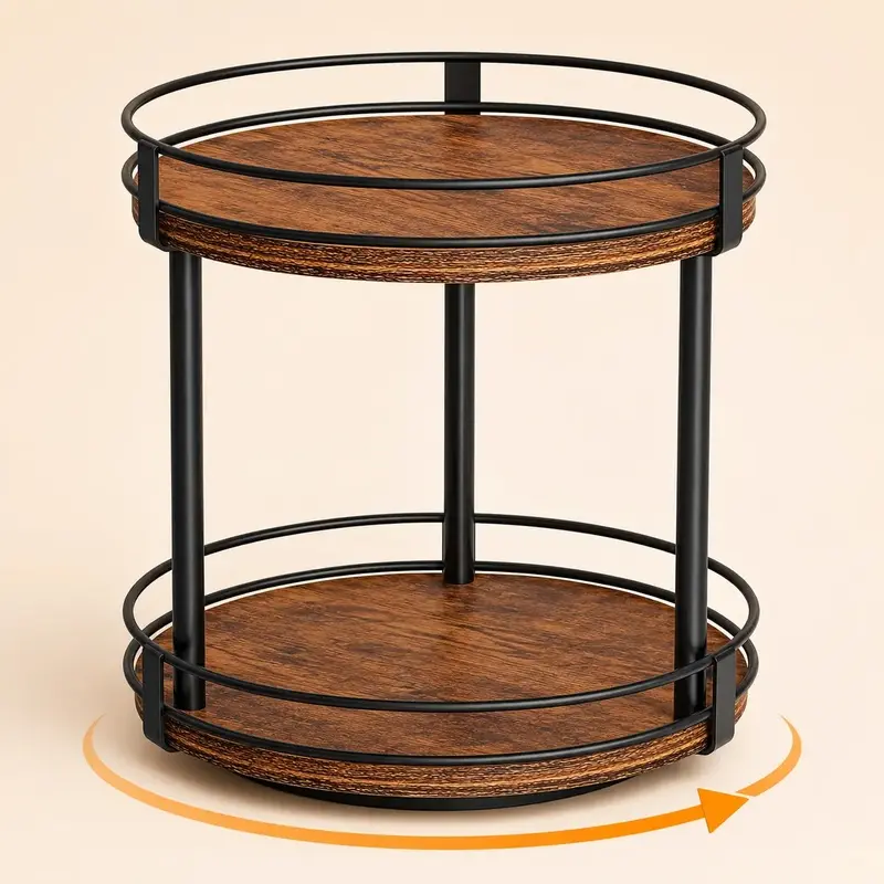 2 Tier Lazy Susan Organizer, 360-Degree Rotating Wood Turntable with Raised Metal Rails for Countertop Kitchen Organization, Countertop Fit