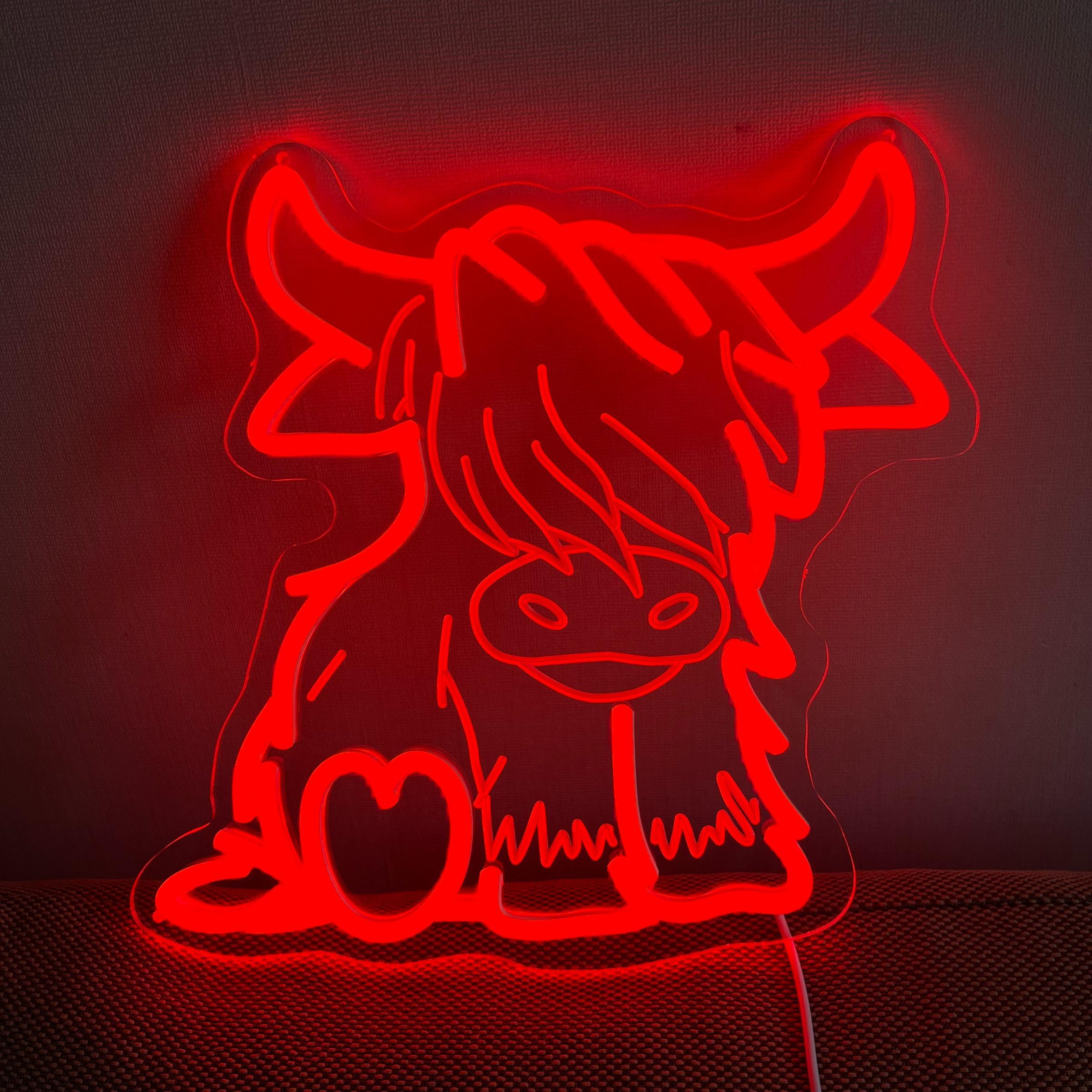 Highland Cow LED Neon Sign, Adjustable Brightness Wall-Mountable USB Powered Home Bedroom Party Decoration Christmas Gift Idea Ambient Decoration Lamp