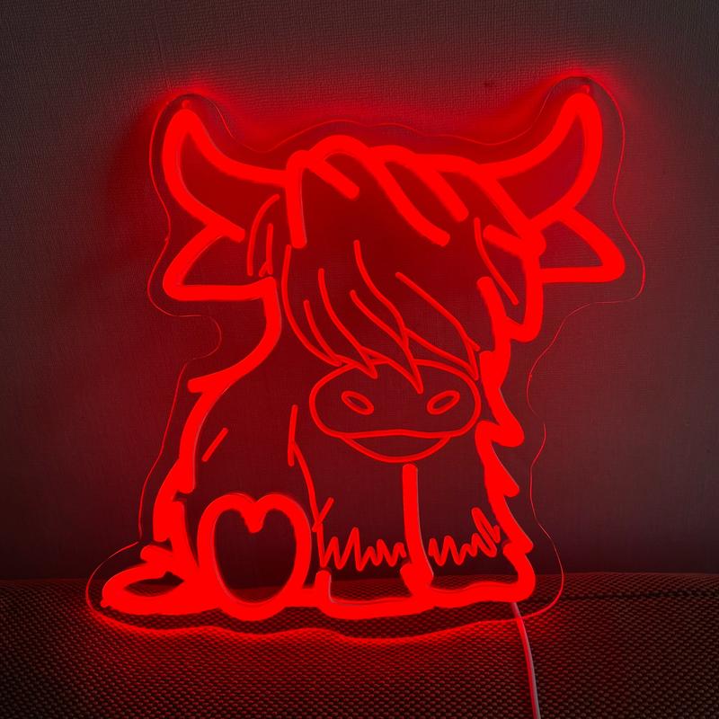 Highland Cow LED Neon Sign, Adjustable Brightness Wall-Mountable USB Powered Home Bedroom Party Decoration Christmas Gift Idea Ambient Decoration Lamp
