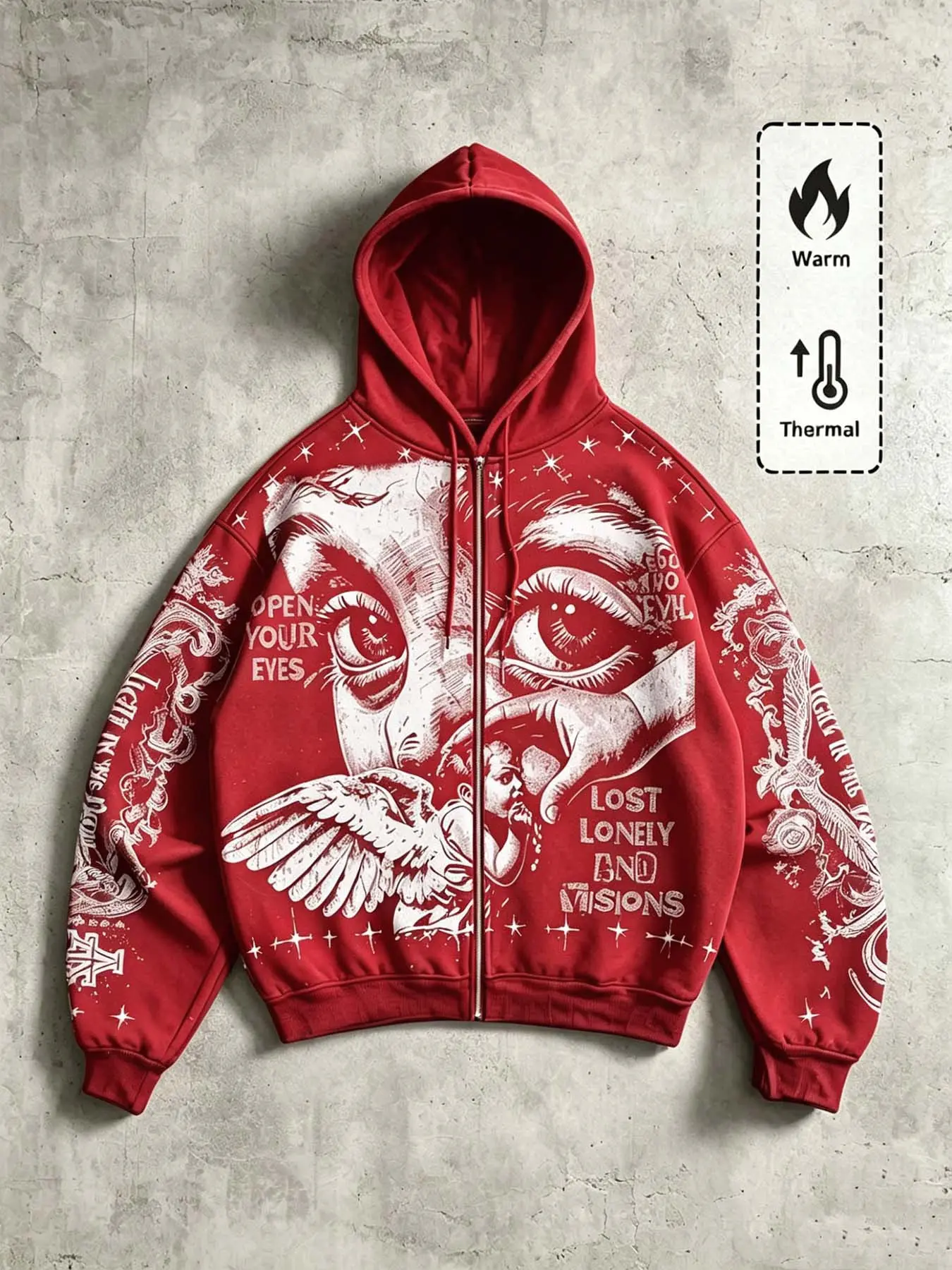 Vintage Angel Eye Pattern Hooded Zipper Long Sleeve Sweatshirt, Warm Hoodie Jacket, Y2K Gothic Streetwear, Full Print Sports Sweatshirt