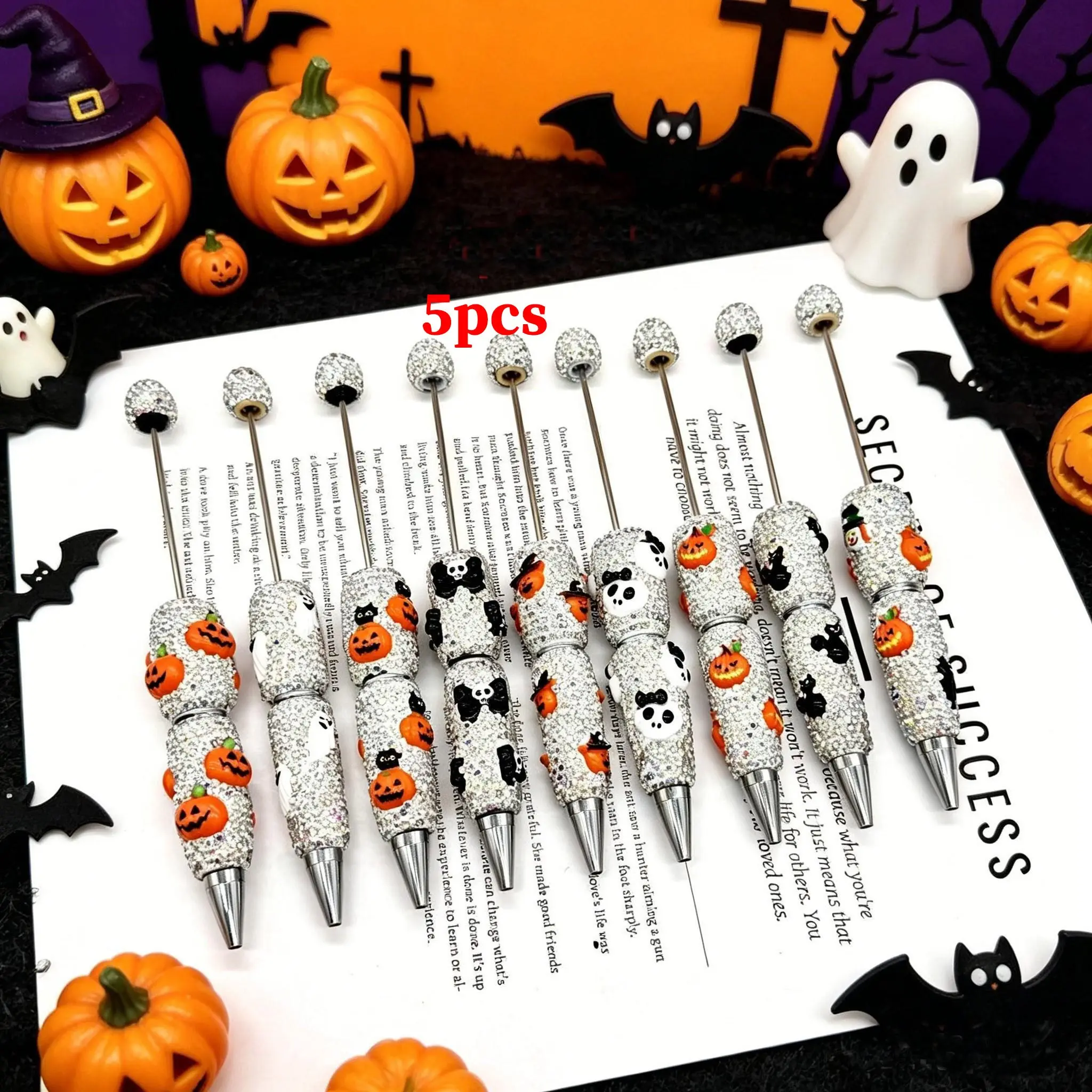 5-Pack Halloween Theme Rhinestone Detail Ballpoint Pens, Ink, Creative Pumpkin Ghost Bat DIY Stylus, Student Festival Gift Party Stationery