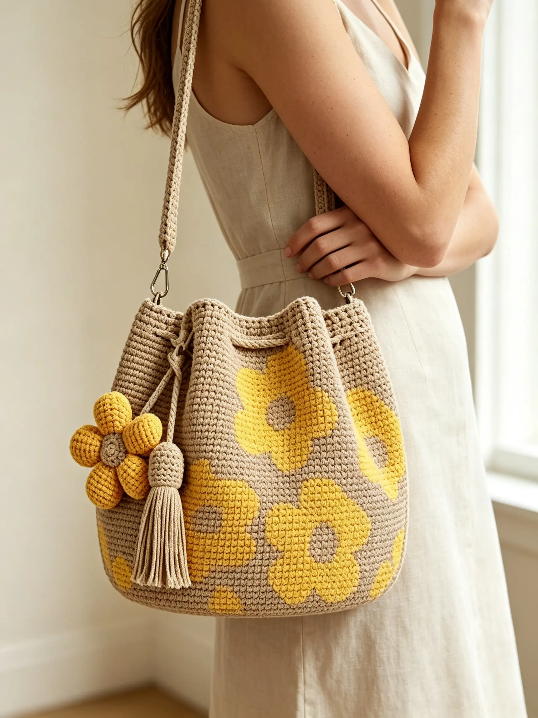 Vintage Crochet Floral Bucket Bag for Women, Detachable Strap, Drawstring Fringe, Casual All-Season Handbag, Perfect for Daily Use and Travel