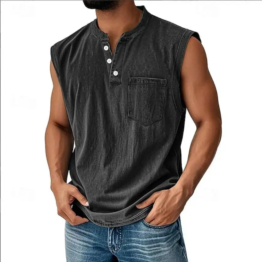 2026 New Arrival Men's Tropical Vest Top - Cross-Border TikTok Popular, Casual Wear, Fitted Cut, Plain Button-Down Collared Polo-Style Sleeveless Plus-Size Apparel for Running, Fitness