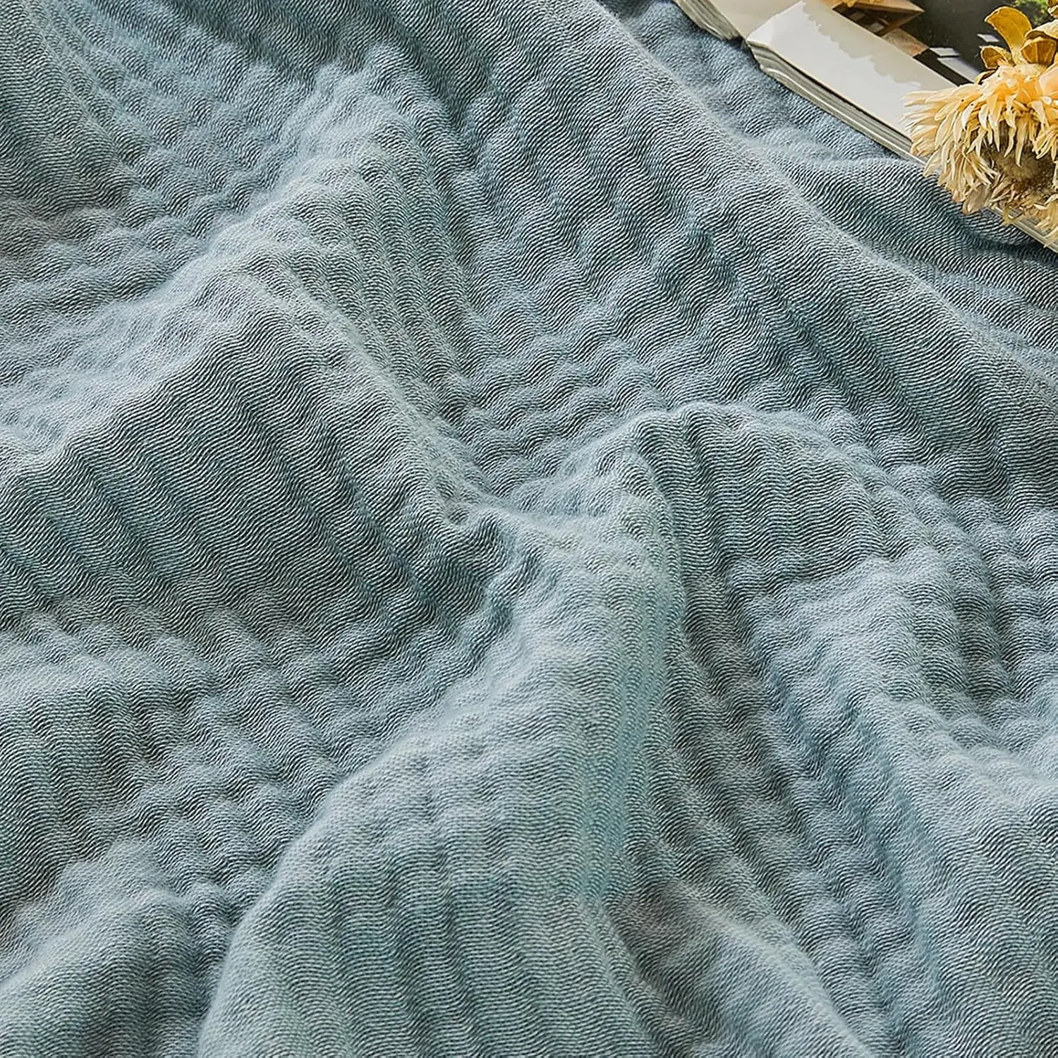 Queen Fit Square Muslin Cotton Blanket - 1-Piece Breathable Gauze Look Bed Coverlet, Soft Lightweight Bed Layering Accessory (Heather Teal, 90"x90")