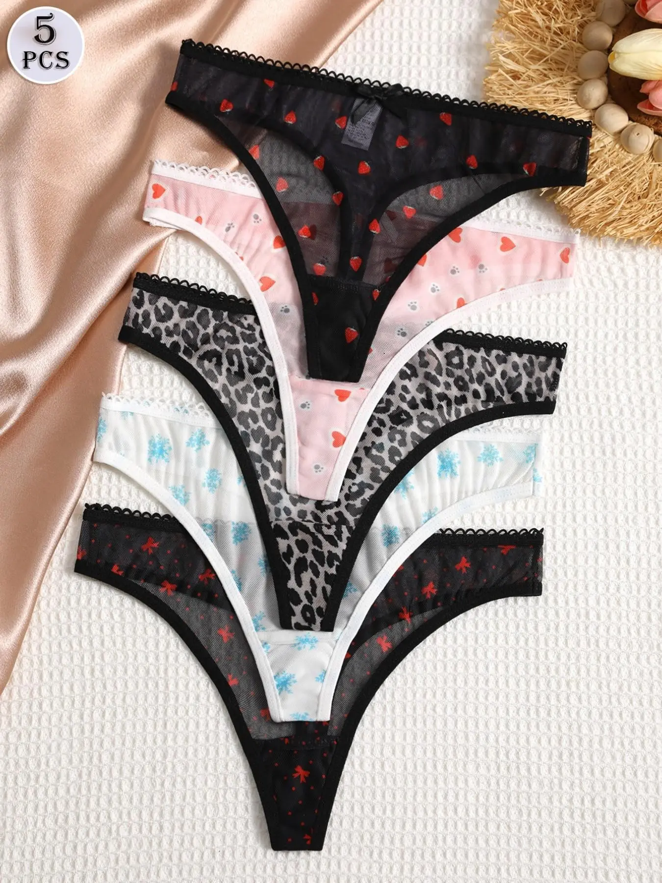 Women's Thong Panties Mesh Print Breathable Underwear Sexy Leopard Pattern Comfortable Elasticity Ladies Lingerie Set