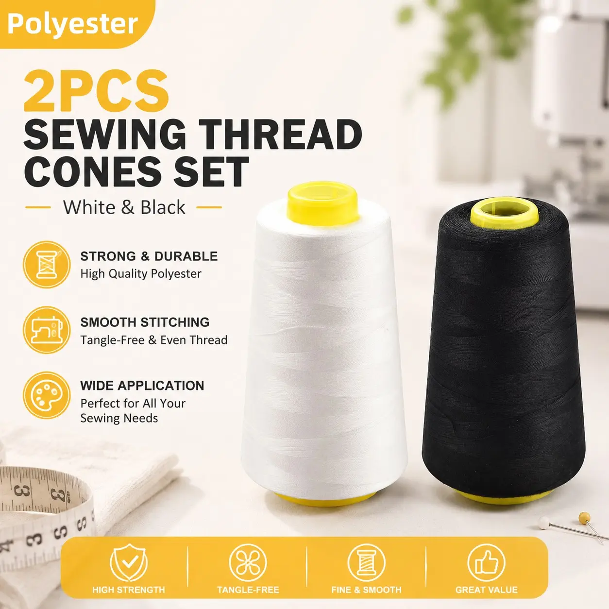 2 Rolls 1000m Polyester Sewing Thread, Multi-Functional Bobbin Thread, Home Sewing Machine, sewing threads for sewing machine, Clothes Repair, DIY Craft Supplies