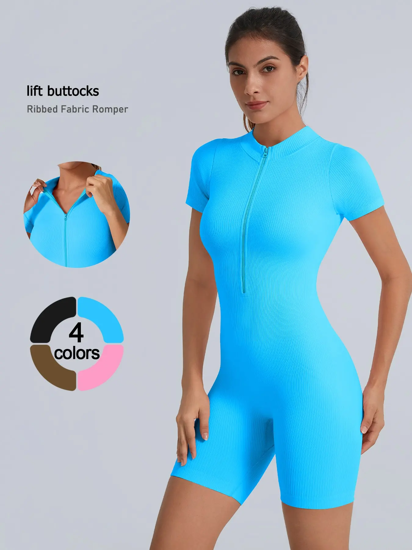 Women's Sportswear Bodysuit, Slim Fit Design, Invisible Zipper, Adjustable Neckline, Ribbed Knit Fabric, Tall and Slender Look, Ribbed Sport Jumpsuits, Summer Sports Jumpsuits