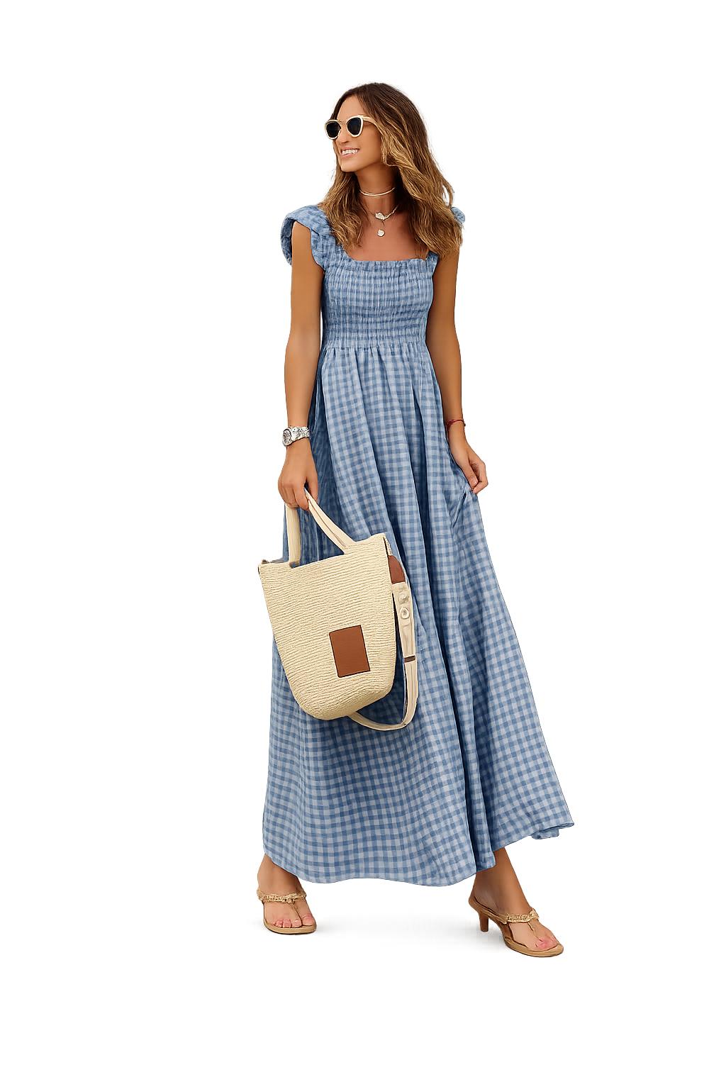 2026 Summer Style Women's Patchwork Plaid Halter Elastic Skirt Dress